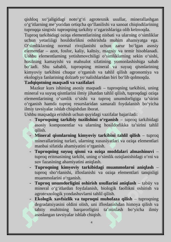 Tuproqning tarkibi, uning mineral va suyuq qismlari oziq elementlari manbai sifatida 4