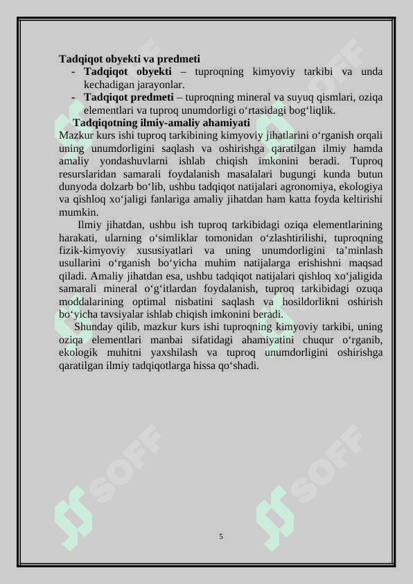 Tuproqning tarkibi, uning mineral va suyuq qismlari oziq elementlari manbai sifatida 5