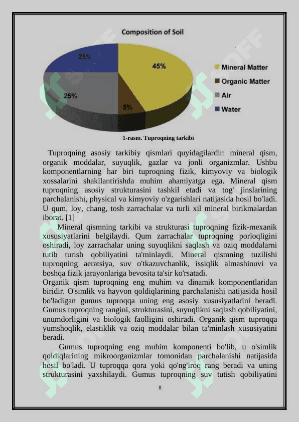 Tuproqning tarkibi, uning mineral va suyuq qismlari oziq elementlari manbai sifatida 8