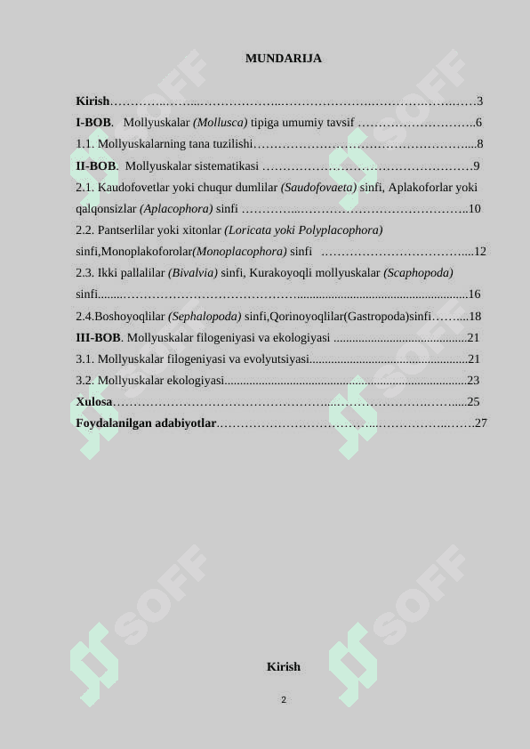 MOLYUSKALAR SISTEMATIKASI FILOGENIYASI EKOLOGIYASI 2