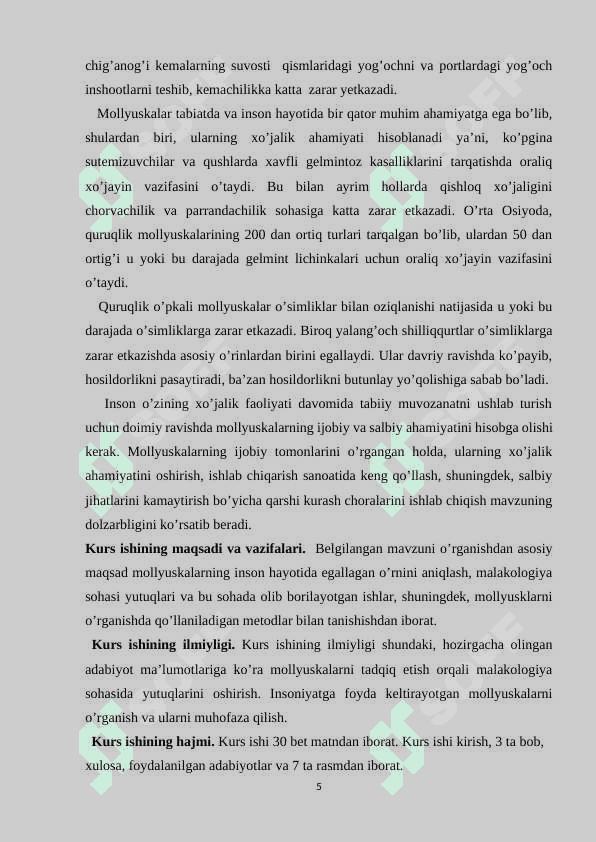 Mollyuskalar (Mollusca) tipi sistemetikasi, filogeniyasi va ekologiyasi. 5
