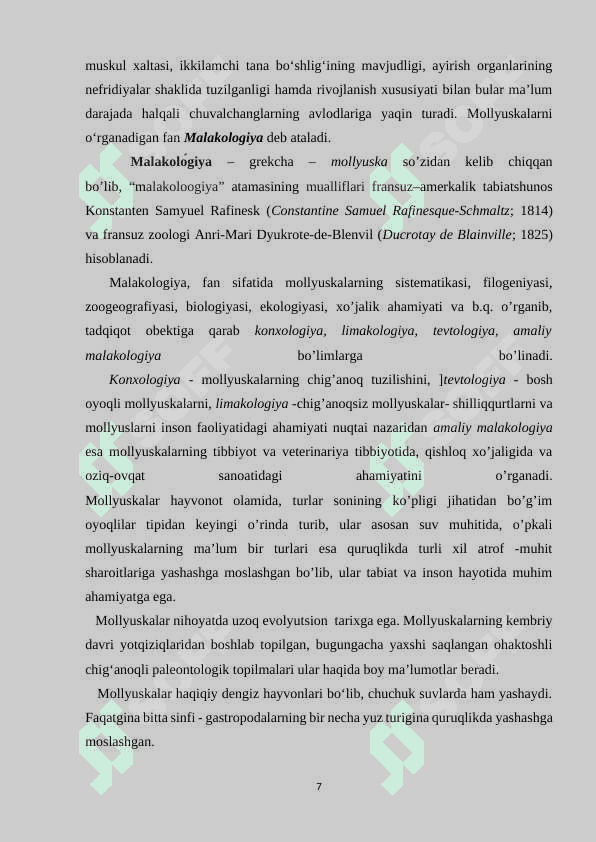 Mollyuskalar (Mollusca) tipi sistemetikasi, filogeniyasi va ekologiyasi. 7