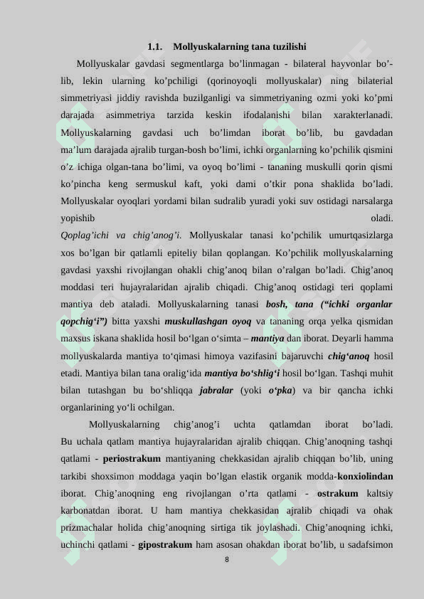 Mollyuskalar (Mollusca) tipi sistemetikasi, filogeniyasi va ekologiyasi. 8