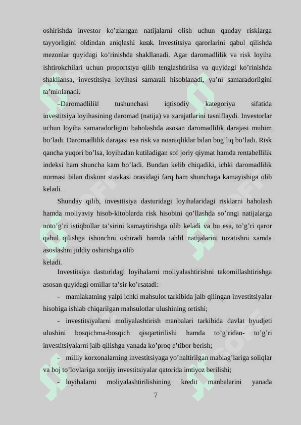 INVESTITSIYA DASTURIGA KIRITILGAN LOYIHALARNI MOLIYALASHTIRISH 7