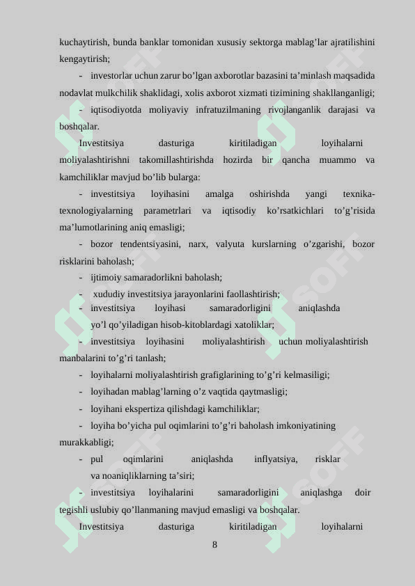 INVESTITSIYA DASTURIGA KIRITILGAN LOYIHALARNI MOLIYALASHTIRISH 8