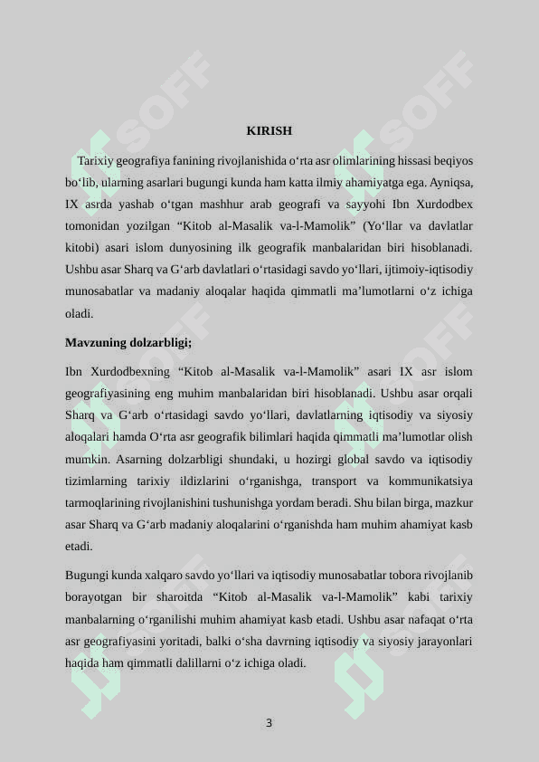 “Ibn Xurdodbexning “Kitob al-Masalik va-l-Mamolik” (Mamlakatlar va Yo‘llar) asari”  kurs ishi 3