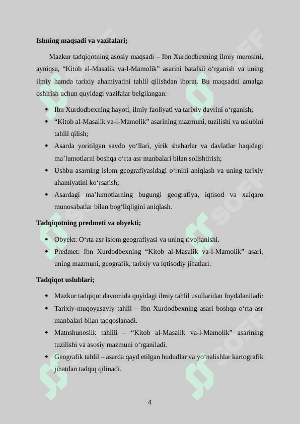“Ibn Xurdodbexning “Kitob al-Masalik va-l-Mamolik” (Mamlakatlar va Yo‘llar) asari”  kurs ishi 4