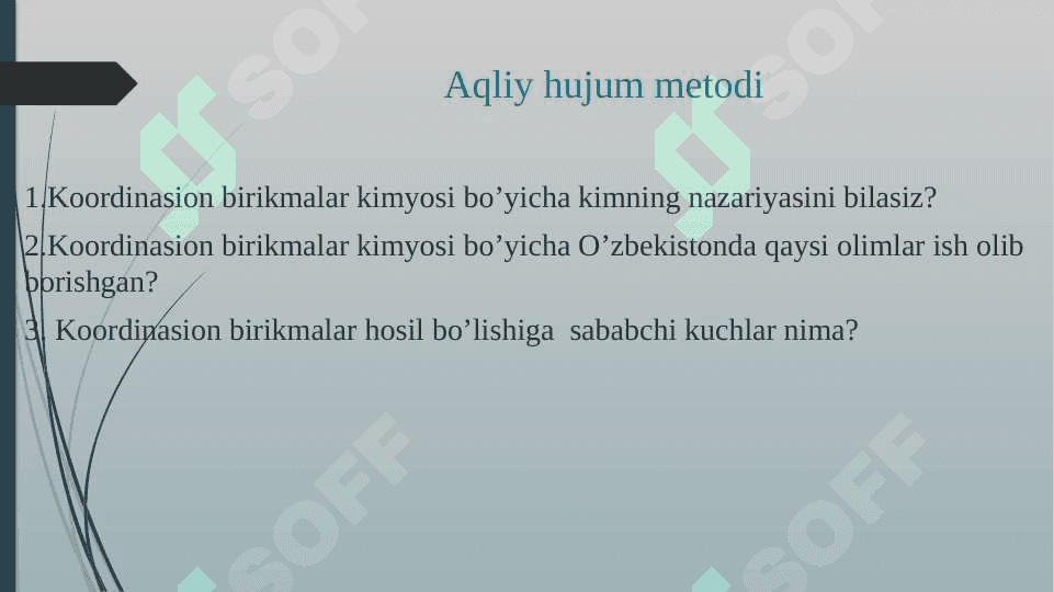 Koordinatsion birikmalar kimyosi.Kimyoviy boģlanish nazariyasining yaratilishi 4