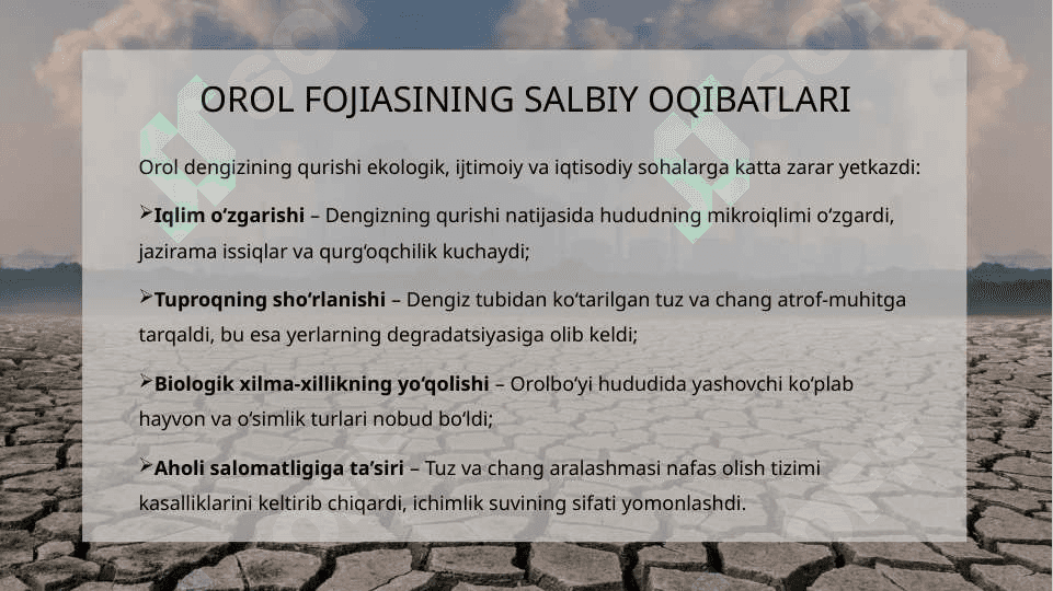 Orol fojiasi uning vujudga kelishiga ta'sir ko'rsatgan omillar va ularning salbiy oqibatlari. Mustaqillik yillarida Oʻzbekiston ekologik holatni yaxshilash borasidagi davlat siyosati. 4