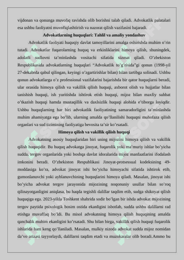 Advokatlarning huquqlari, majburiyatlari va javobgarligi 25 3