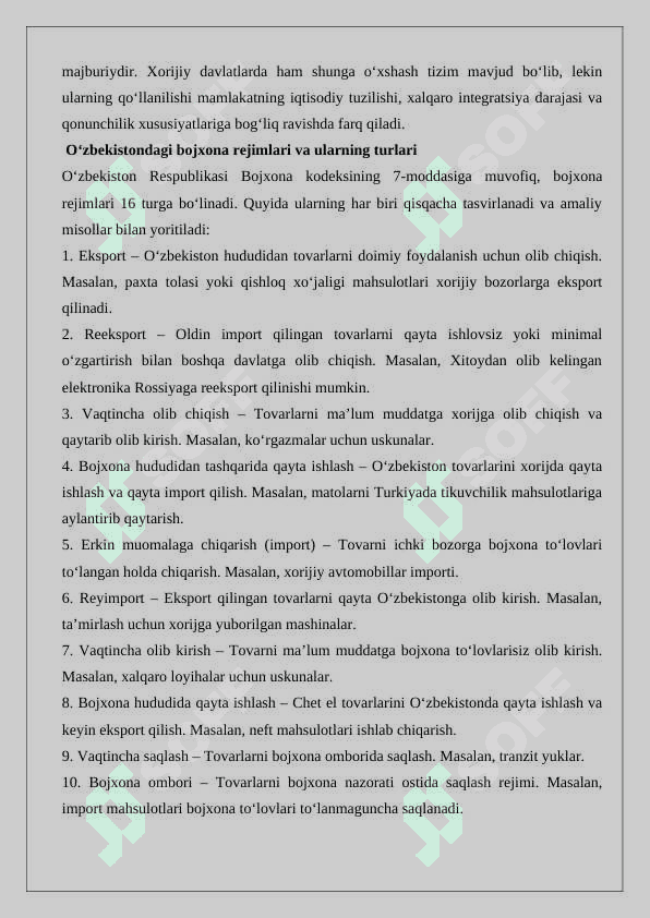 Bojxona rejimlari va ularning turlari  esse 2