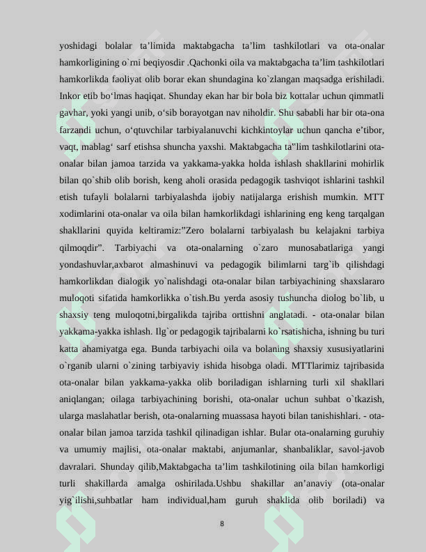 Maktabgacha ta'limda pedagogik jarayonni loyihalashtirishda MTT va oilaning hamkorligi 8
