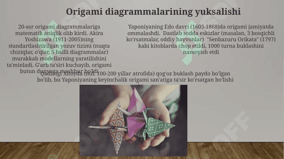 Origami san’atining rivojlanish tarixi.Origami usulida o‘yinchoq yasash. Applikatsiya haqida umumiy tushuncha .Applikatsiyada qirqishni har xil usullarini bajarish.Pape- mashe usuli.Pape-mashe usulida o‘yinchoqlar yasashKashtachilik tarixi .Kashta turlari . Kashta tayyorlash texnologiyasi.Kashta tikishda chok turlari .Bezakli va mazmunli kashtalar. Buyumlarni kashtalar bilan bezatish texnologiyasi. 4