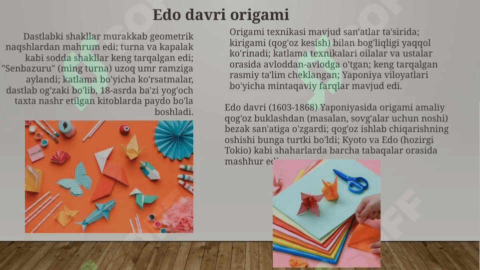 Origami san’atining rivojlanish tarixi.Origami usulida o‘yinchoq yasash. Applikatsiya haqida umumiy tushuncha .Applikatsiyada qirqishni har xil usullarini bajarish.Pape- mashe usuli.Pape-mashe usulida o‘yinchoqlar yasashKashtachilik tarixi .Kashta turlari . Kashta tayyorlash texnologiyasi.Kashta tikishda chok turlari .Bezakli va mazmunli kashtalar. Buyumlarni kashtalar bilan bezatish texnologiyasi. 5