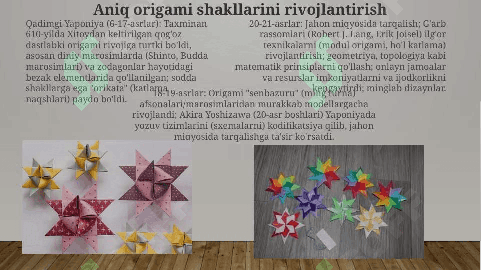 Origami san’atining rivojlanish tarixi.Origami usulida o‘yinchoq yasash. Applikatsiya haqida umumiy tushuncha .Applikatsiyada qirqishni har xil usullarini bajarish.Pape- mashe usuli.Pape-mashe usulida o‘yinchoqlar yasashKashtachilik tarixi .Kashta turlari . Kashta tayyorlash texnologiyasi.Kashta tikishda chok turlari .Bezakli va mazmunli kashtalar. Buyumlarni kashtalar bilan bezatish texnologiyasi. 6