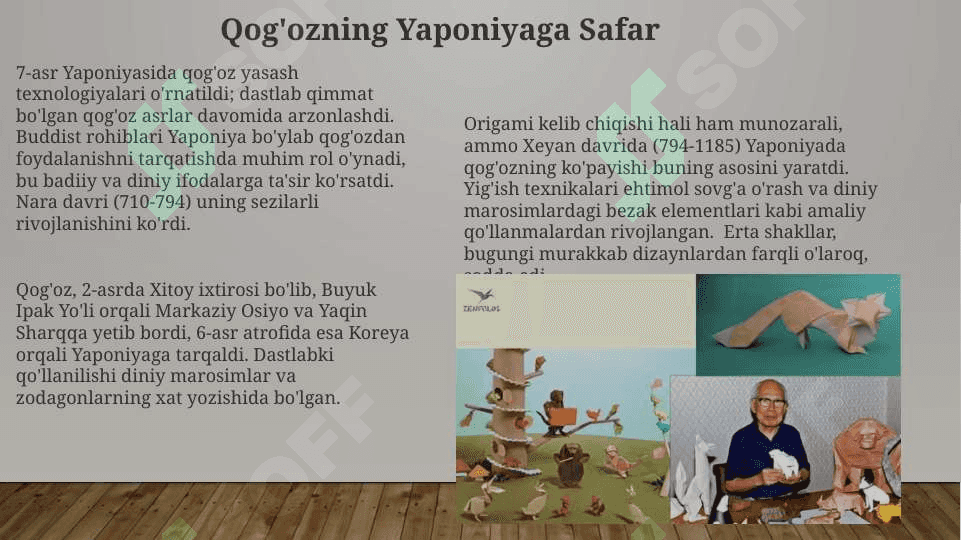 Origami san’atining rivojlanish tarixi.Origami usulida o‘yinchoq yasash. Applikatsiya haqida umumiy tushuncha .Applikatsiyada qirqishni har xil usullarini bajarish.Pape- mashe usuli.Pape-mashe usulida o‘yinchoqlar yasashKashtachilik tarixi .Kashta turlari . Kashta tayyorlash texnologiyasi.Kashta tikishda chok turlari .Bezakli va mazmunli kashtalar. Buyumlarni kashtalar bilan bezatish texnologiyasi. 7
