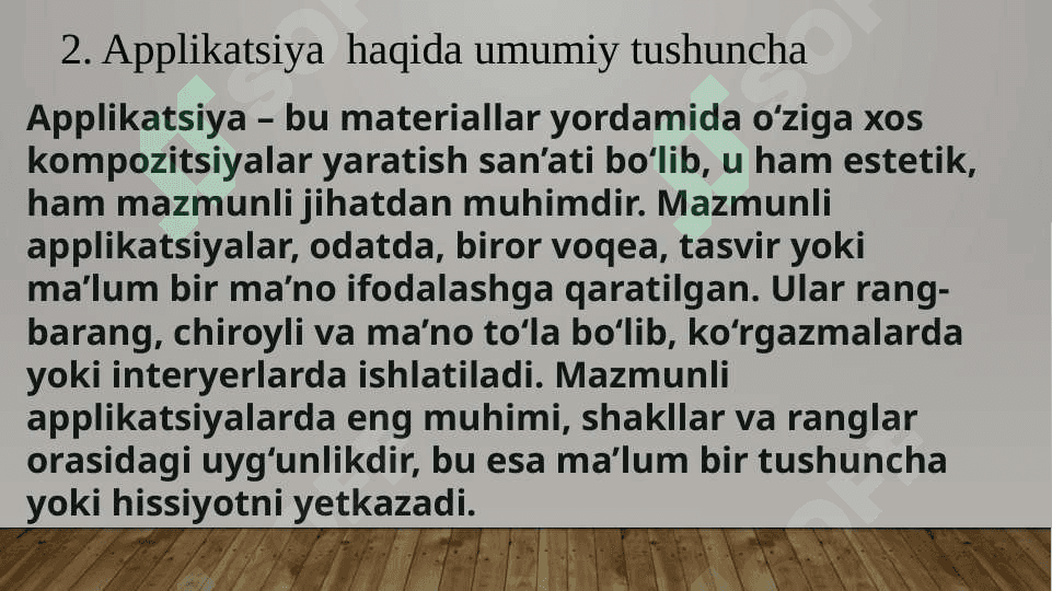 Origami san’atining rivojlanish tarixi.Origami usulida o‘yinchoq yasash. Applikatsiya haqida umumiy tushuncha .Applikatsiyada qirqishni har xil usullarini bajarish.Pape- mashe usuli.Pape-mashe usulida o‘yinchoqlar yasashKashtachilik tarixi .Kashta turlari . Kashta tayyorlash texnologiyasi.Kashta tikishda chok turlari .Bezakli va mazmunli kashtalar. Buyumlarni kashtalar bilan bezatish texnologiyasi. 8