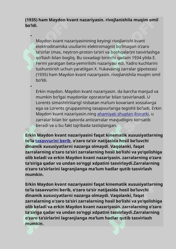 Fundamental o’zaro ta’sirlar turlari. Yagona maydon nazariyasi 2