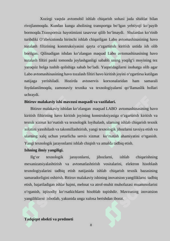 Dvigatelning havo bilan ta’minlash tizimini tahlil qilish 8