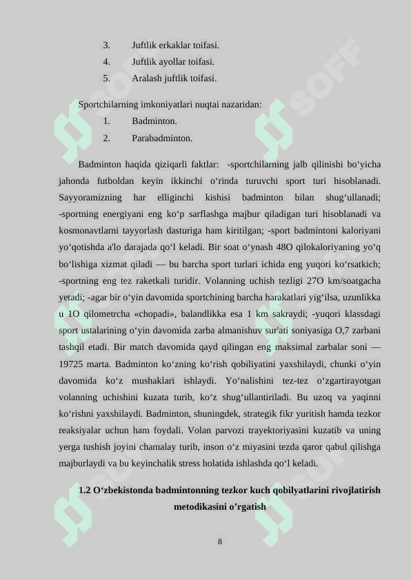 Badmintonda tezkor kuch qobilyatlarini rivojlatirish metodikasini tavsifi 8