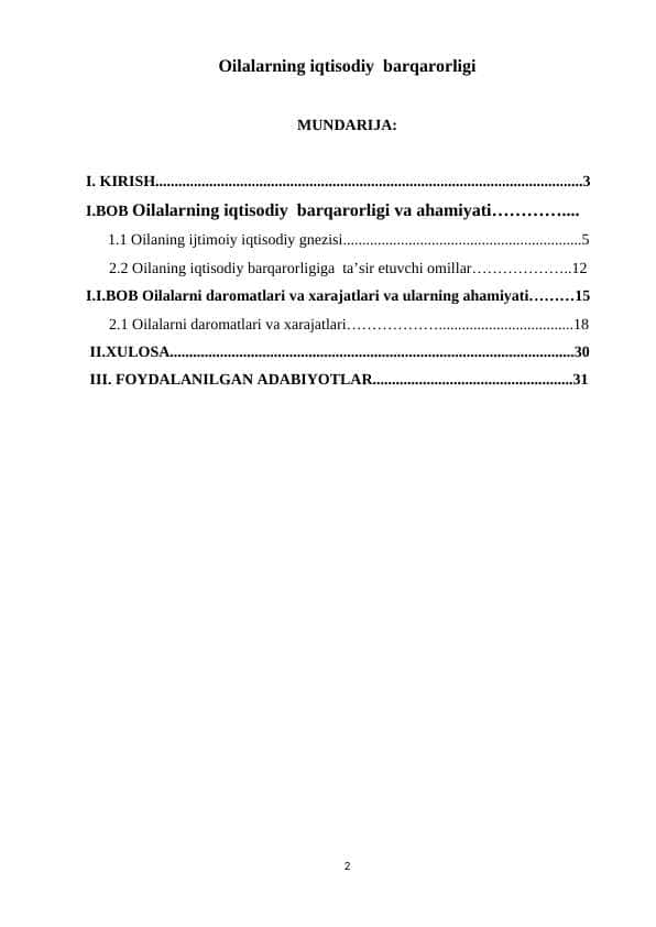Oilalarning iqtisodiy  barqarorligi