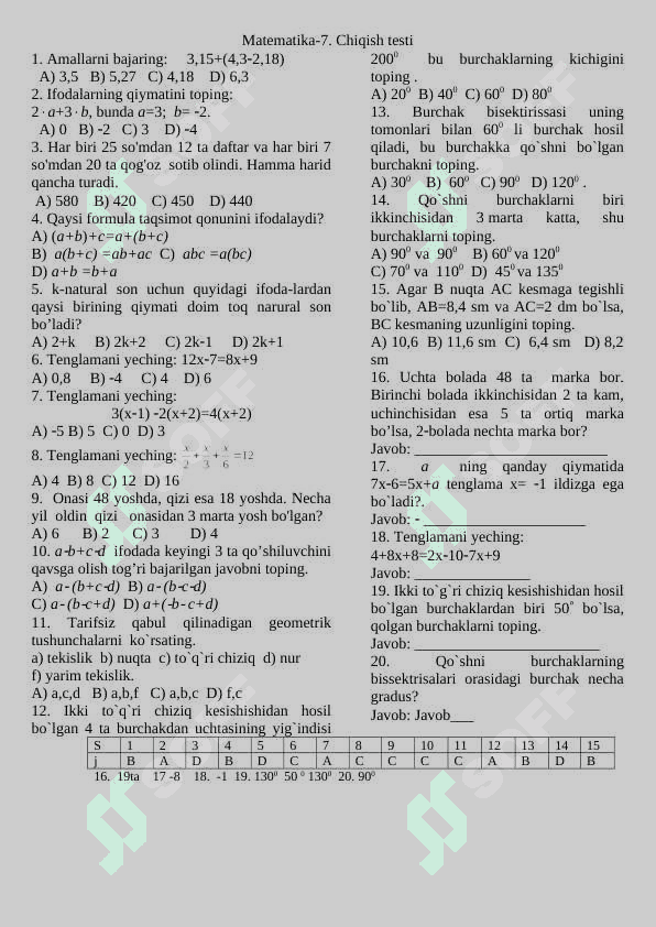 Matematika 6-sinf fan oyligi 25 talik chiqish testi javoblari bilan 2