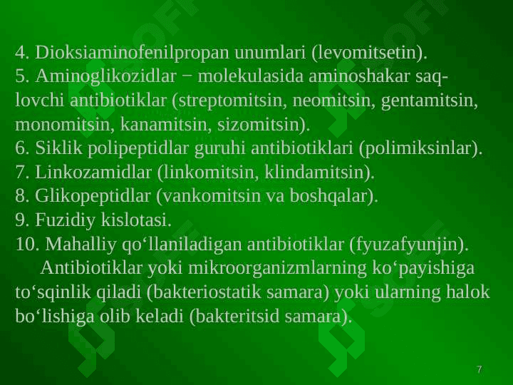 ANTIBAKTERIAL XIMIOTERAPEVTIK VOSITALAR ANTIBIOTIKLAR 7