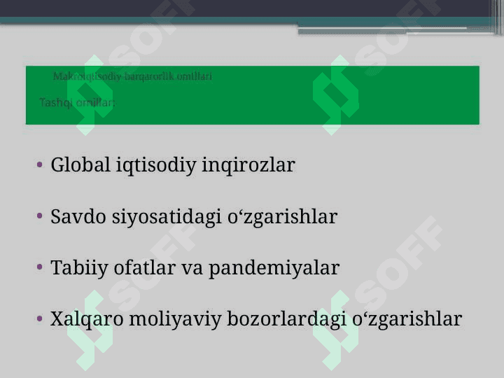Makroiqtisodiy o'zgaruvchanlikni yaxshilashda mo'ljallangan siyosatning ahamiyati O'zbekiston Respublikasi va xorijni nisbati pptx 8
