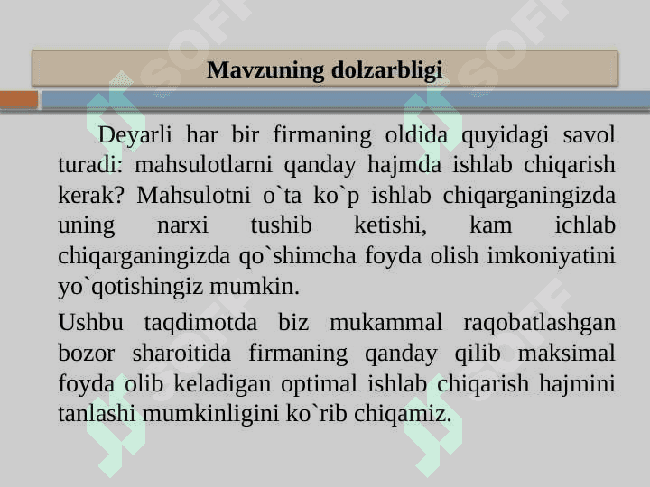 Qisqa muddatli oraliqda mukammal raqobatlashgan bozorda firma foydasini maksimallashtirish va uning taklifi 3