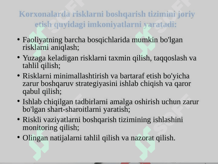 Risklarni boshqarishning mazmun-mohiyati, o’ziga xos xususiyatlari va boshqarish usullari. 8