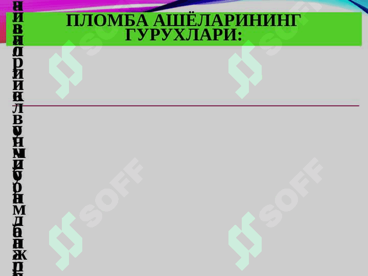 Пломба ашёларининг таснифи. Таркиби, хусусиятлари, кўллашга кўрсатмалар. 4