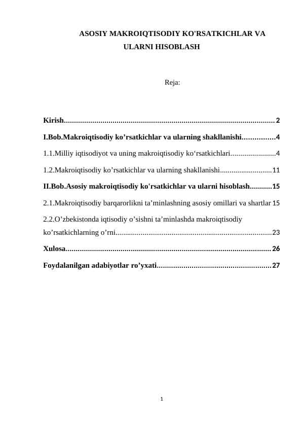 ASOSIY MAKROIQTISODIY KO'RSATKICHLAR VA ULARNI HISOBLASH