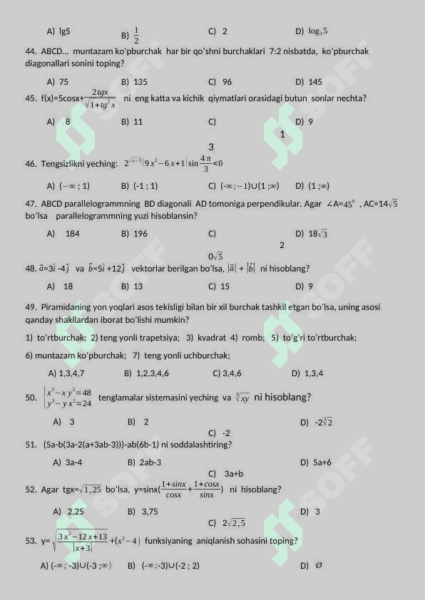 Matematikadan 30 talik umumiy sinov uchun test 2