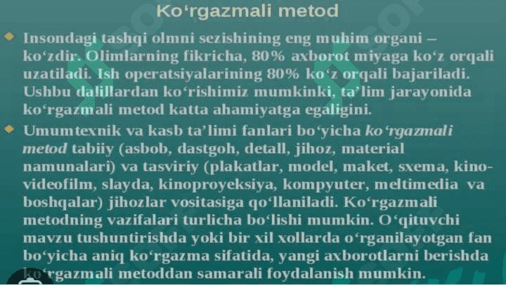 Boshlangʻich taʼlim tabiiy fan darslarida koʻrgazmali metodlardan foydalanish va kuzatishlarni tashkil etish. 4