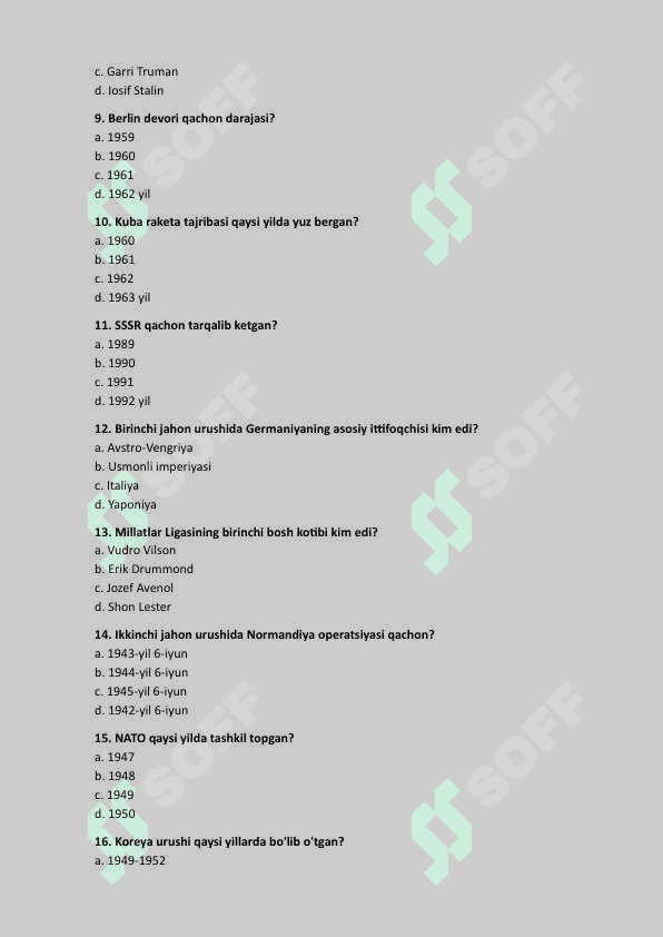 10 sinf Jahon tarixi test 2