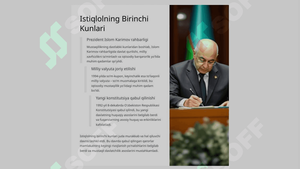 Mustaqil O‘zbekiston Respublikasi tashkil topishining tarixiy ahamiyati. O‘zbekistonning o‘ziga xos istiqlol va taraqqiyot yo‘li. 3