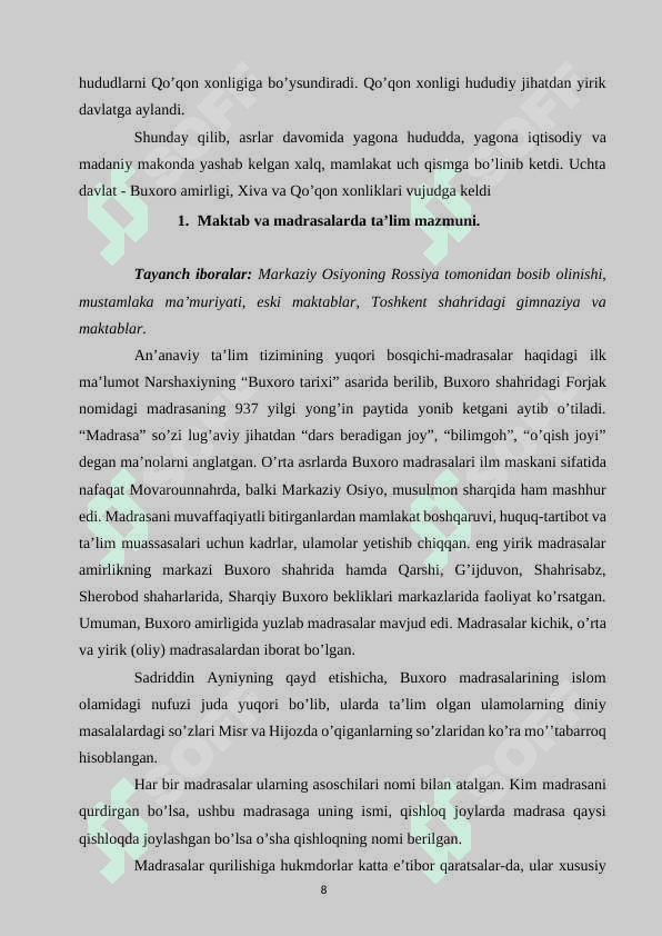 Buxoro amirligi, Qo’qon va Xiva xonliklarida ta’lim- tarbiya. 8