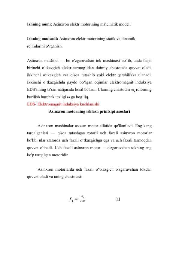 AC mator matematik modeli