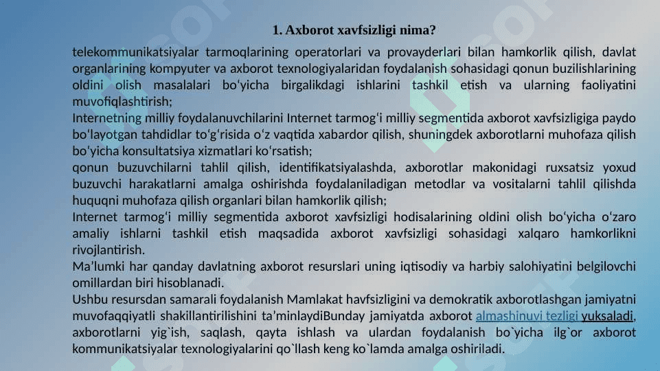 AXBOROT XAVFSIZLIGI. AXBOROT KOMMUNIKATSION TIZIMLAR VA TARMOQLARDA TAXDIDLAR VA ZAIFLIKLAR 4
