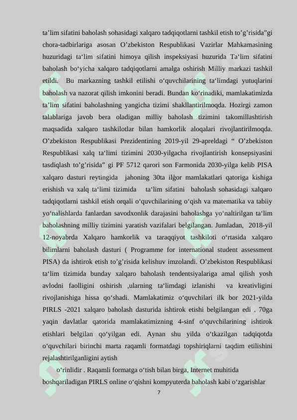 Xalqaro baholash dasturi asosida boshlang'ich sinf o'quvchilarining aqliy tafakkurini rivojlantirish 7
