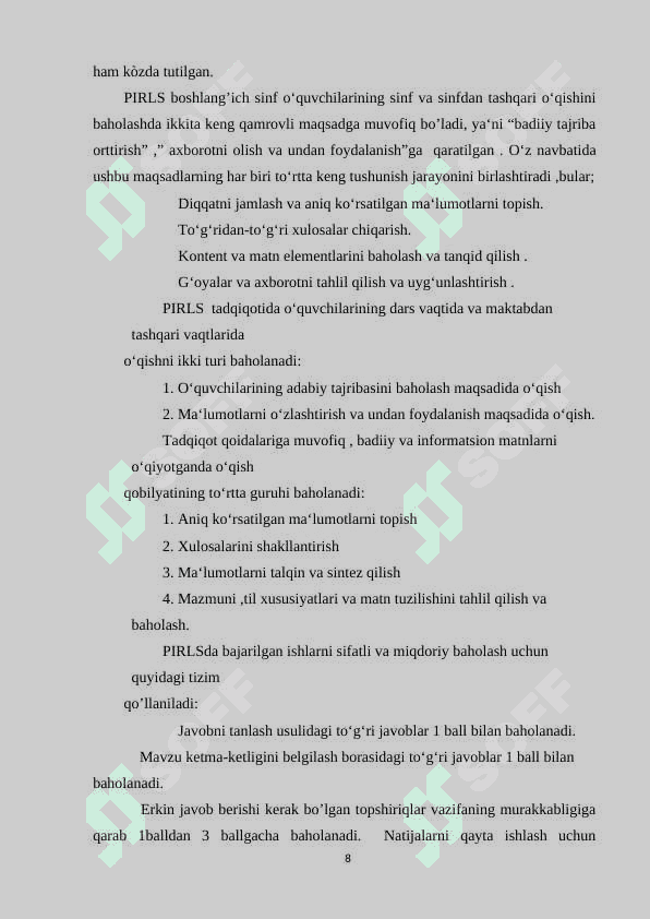 Xalqaro baholash dasturi asosida boshlang'ich sinf o'quvchilarining aqliy tafakkurini rivojlantirish 8