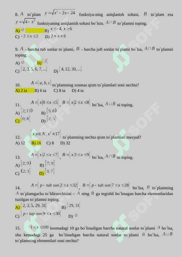 To'plam bo'yicha test 2