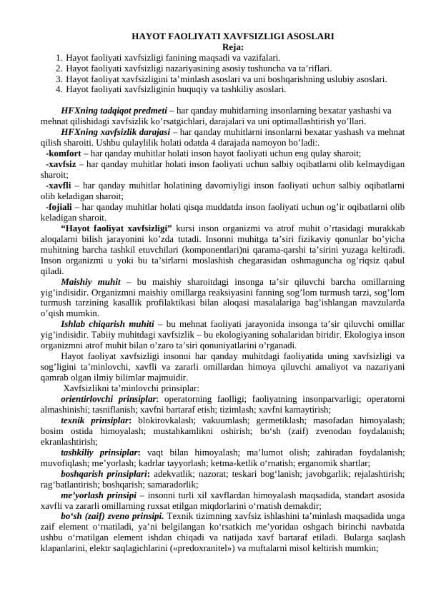 HAYOT FAOLIYATI XAVFSIZLIGI ASOSLARI