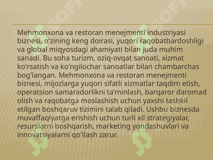 Mehmonxona va restoran menejmenti industriyasi biznesi 2