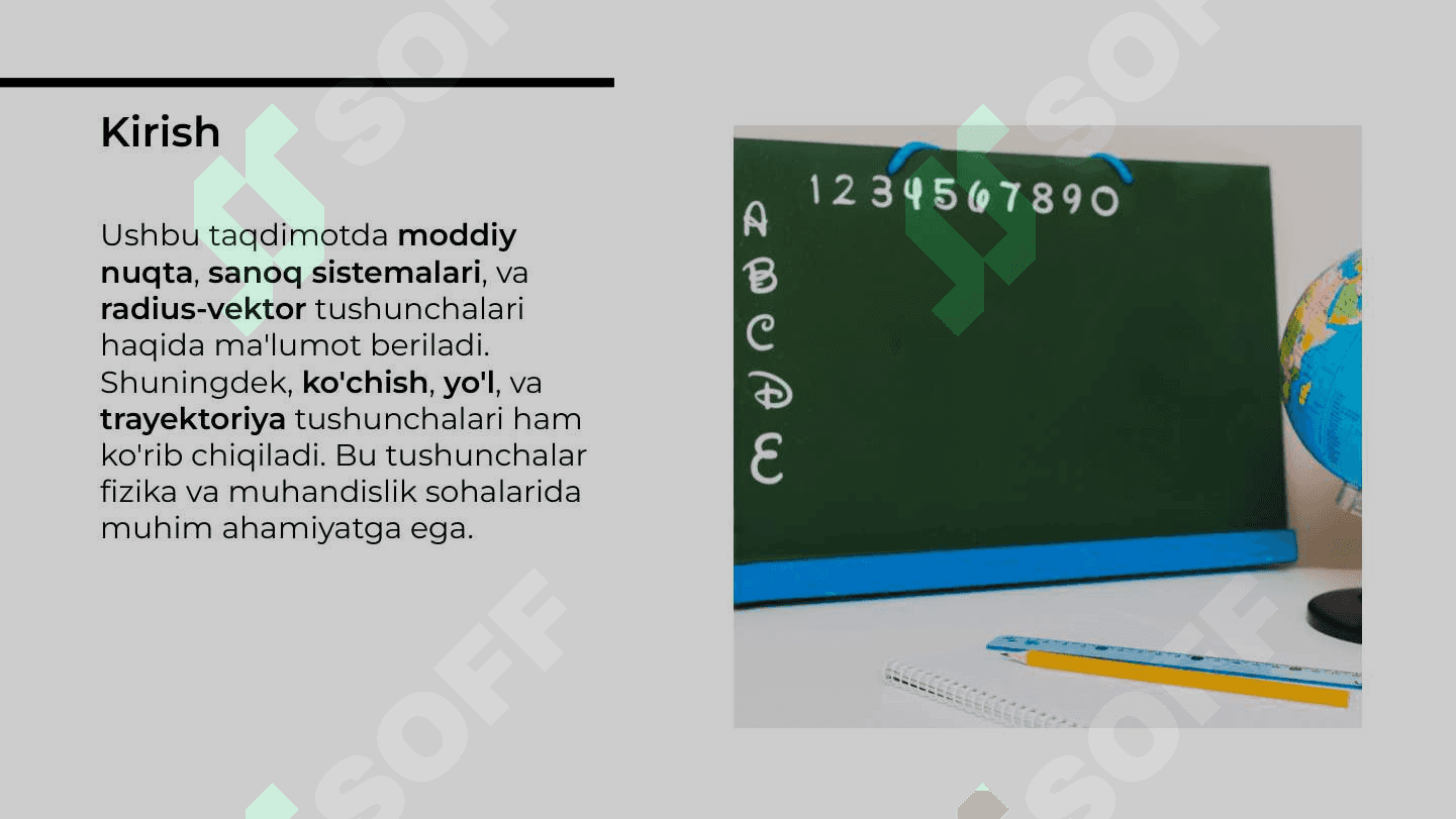 Moddiy nuqta, sanoq sistemasi, radius-vektor, ko'chish, yo'l va trayektoriya tushunchalari 2