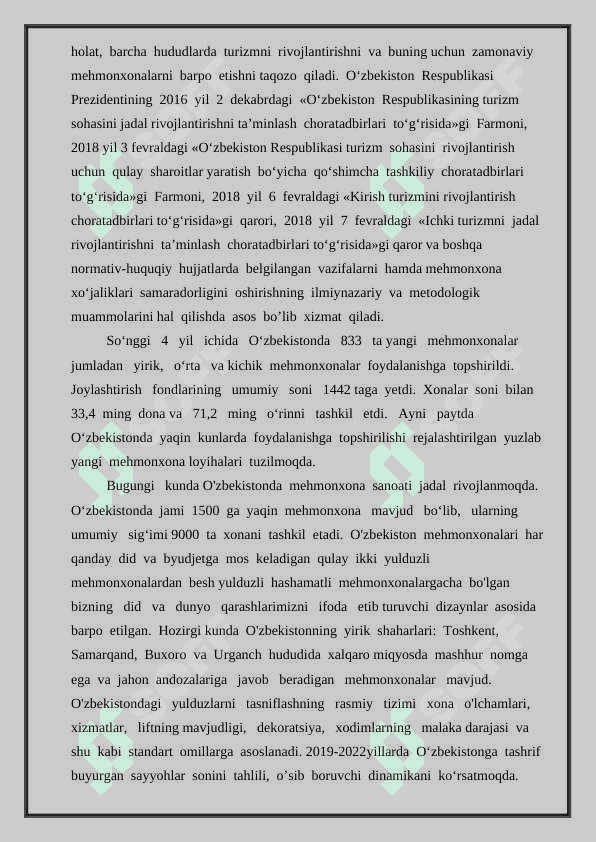 O’zbekistonda mehmonxonalar faoliyatini rivojlanishi va holati 2