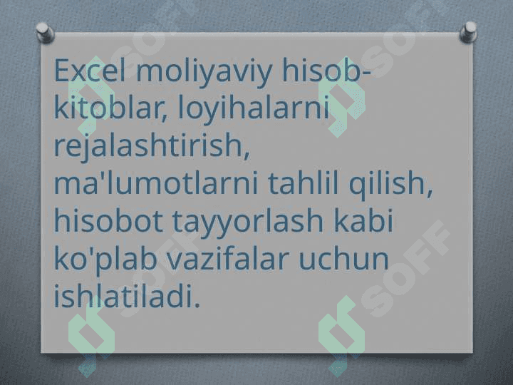 MS Excel – bu Microsoft tomonidan ishlab chiqilgan mashhur elektron jadvallar (spreadsheet) dasturi 4