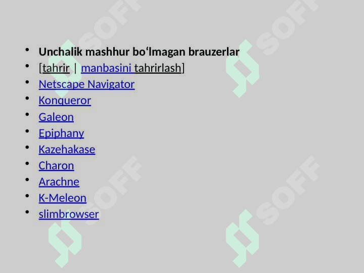 Mashhur brauzerlar [tahrir | manbasini tahrirlash] Mozilla Firefox Opera Flock Internet Explorer Maxthon — Internet Explorer asosida yaratilgan Safari — Konqueror kodiga asoslangan Google Chrome - Google shirkatining brauzeri Microsoft Edge – MICROSOFT kompaniyasining yangi brauzeri 2