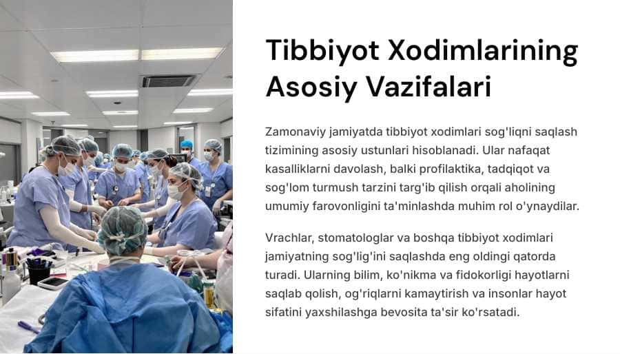 Vrach, stomatolog, tibbiyot xodimlarining vazifalari.