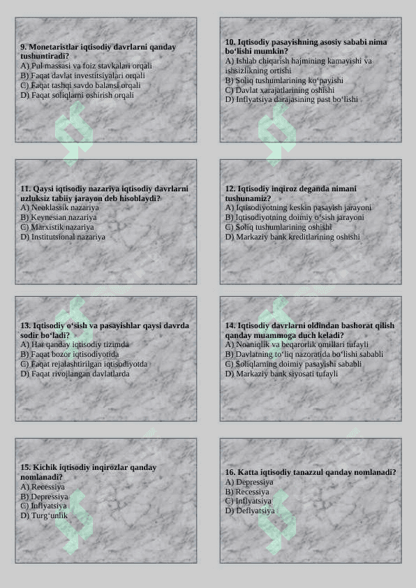 Iqtisodiy davirlarning xususiyati va korinishi test 2